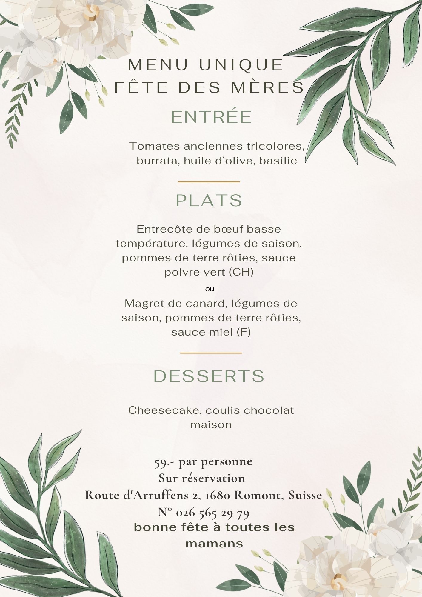 Green Cream Aesthetic Minimalist Watercolor Wedding Menu A4 Document - Hôtel Restaurant La Belle Croix Romont